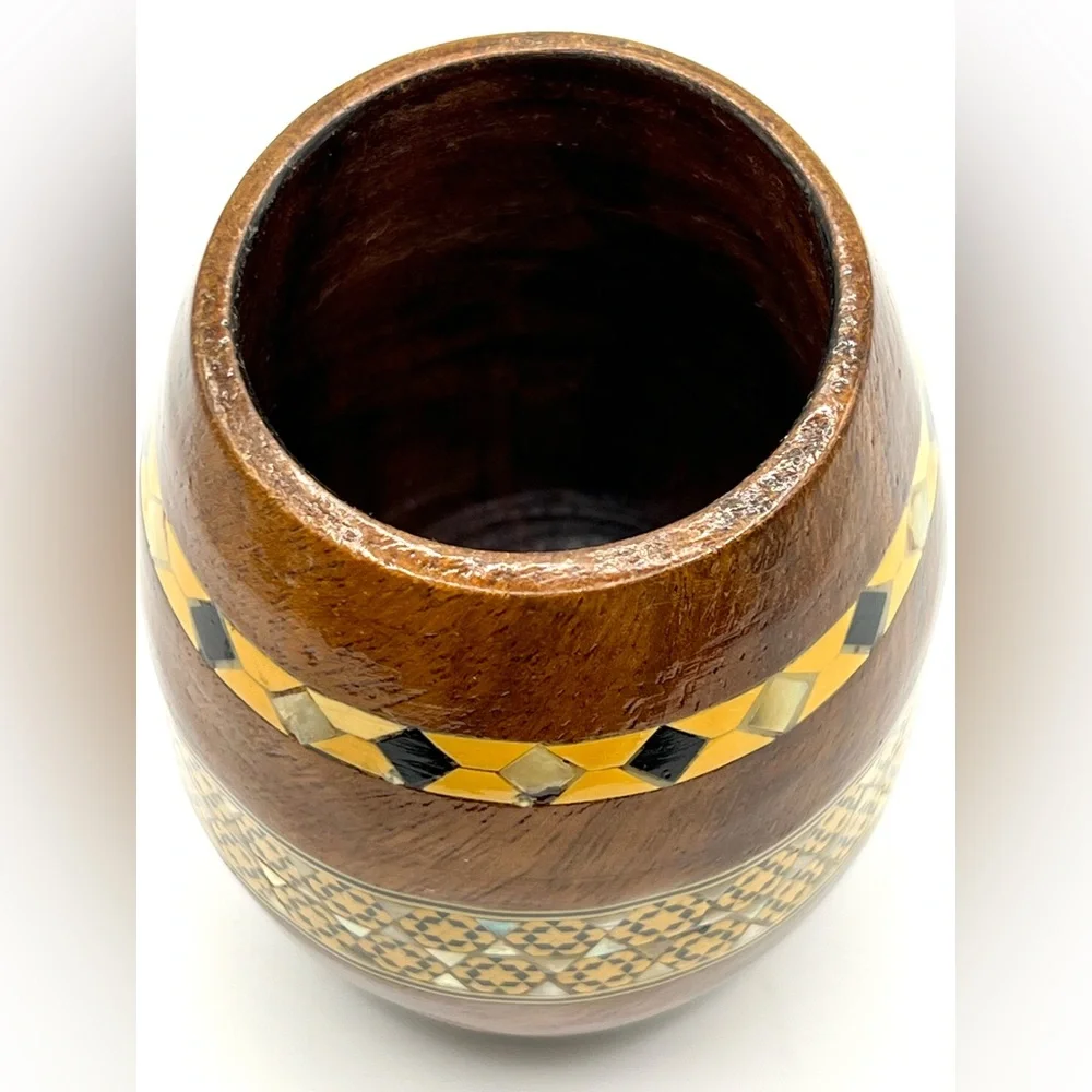VTG Barrel Shaped Wooden Pen Holder Mother of Pearl Inlay Office Desk Decor 4.2